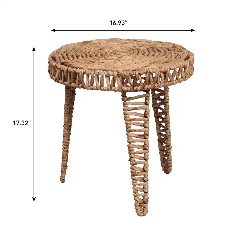 Boho-Couchtisch aus Wasserhyazinthe mit runder dreibeiniger Basis