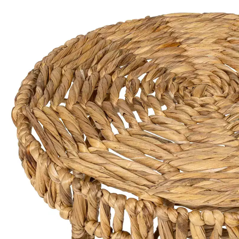 Boho-Couchtisch aus Wasserhyazinthe mit runder dreibeiniger Basis