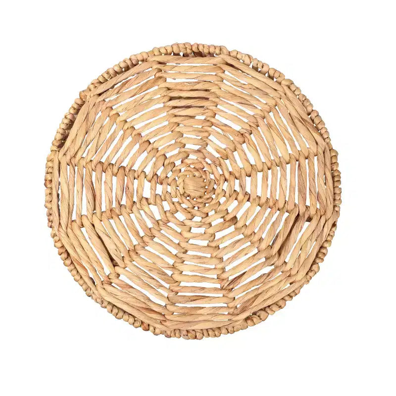 Boho-Couchtisch aus Wasserhyazinthe mit runder dreibeiniger Basis