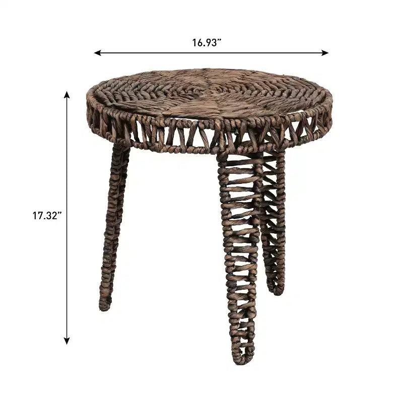 Boho-Couchtisch aus Wasserhyazinthe mit runder dreibeiniger Basis