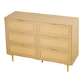 VEVOR 6 Drawer Rattan Dresser, Double Dresser for Bedroom, Natural Rattan Chest of Drawers with Metal Handles & Legs, Wood Color
