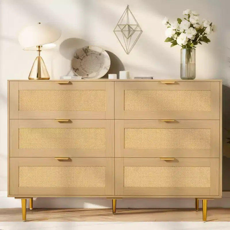 Kommode aus Rattan mit 6 Schubladen, Doppelkommode für das Schlafzimmer, Kommode aus Naturrattan mit Metallgriffen und -beinen, Holzfarbe