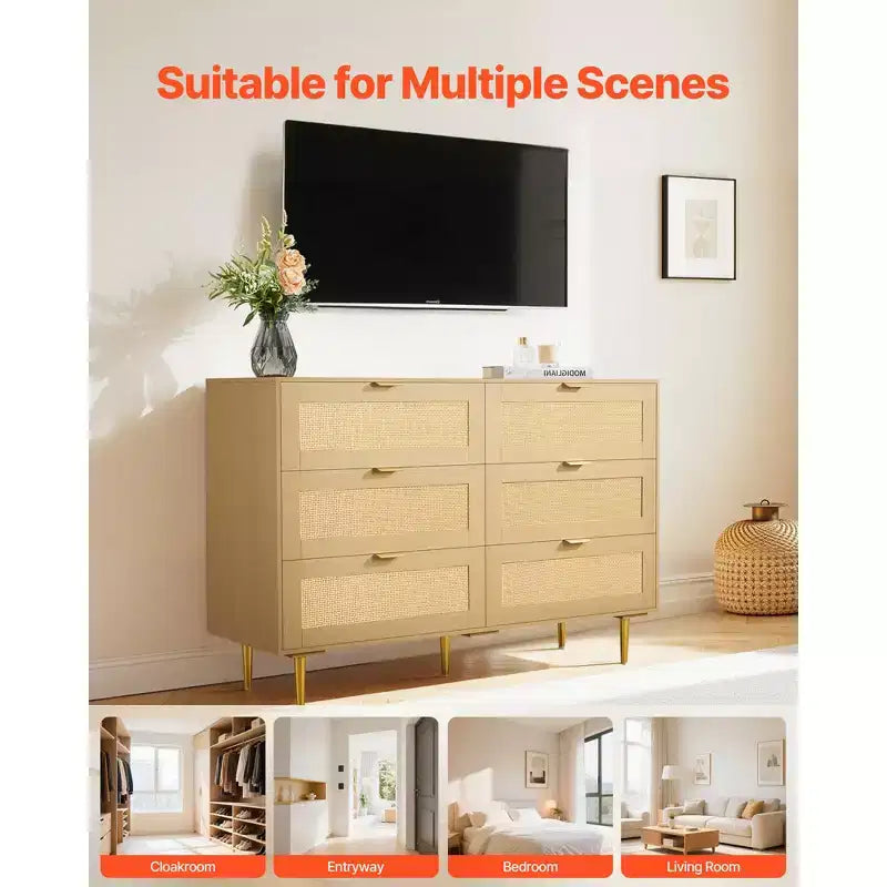 Kommode aus Rattan mit 6 Schubladen, Doppelkommode für das Schlafzimmer, Kommode aus Naturrattan mit Metallgriffen und -beinen, Holzfarbe