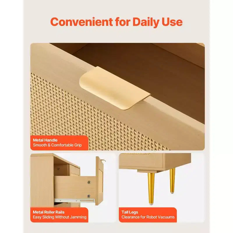 Kommode aus Rattan mit 6 Schubladen, Doppelkommode für das Schlafzimmer, Kommode aus Naturrattan mit Metallgriffen und -beinen, Holzfarbe