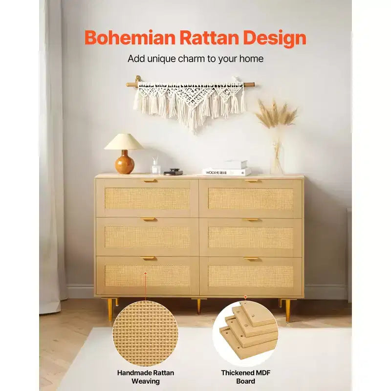 Kommode aus Rattan mit 6 Schubladen, Doppelkommode für das Schlafzimmer, Kommode aus Naturrattan mit Metallgriffen und -beinen, Holzfarbe