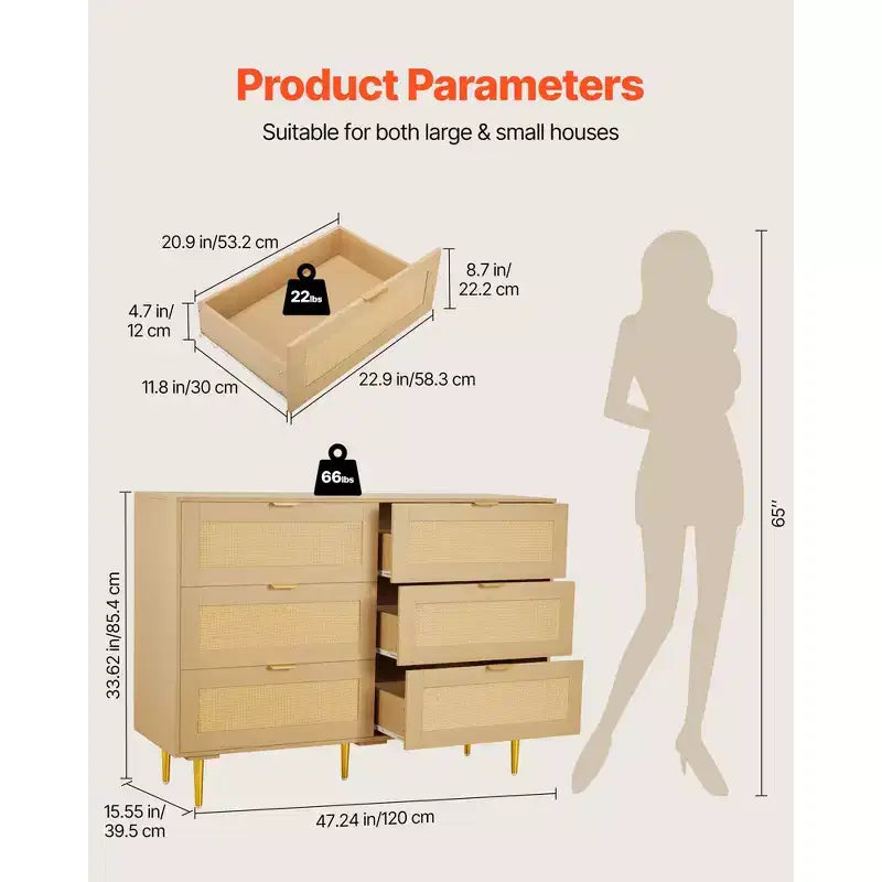 Kommode aus Rattan mit 6 Schubladen, Doppelkommode für das Schlafzimmer, Kommode aus Naturrattan mit Metallgriffen und -beinen, Holzfarbe