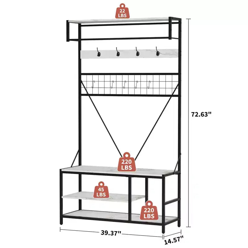 5-in-1 Garderobenbaum mit Sitzbank und Schuhaufbewahrung, 99 cm breite Garderobe mit verstellbarem Regal, vielseitiger freistehender Kleiderständer für das Schlafzimmer