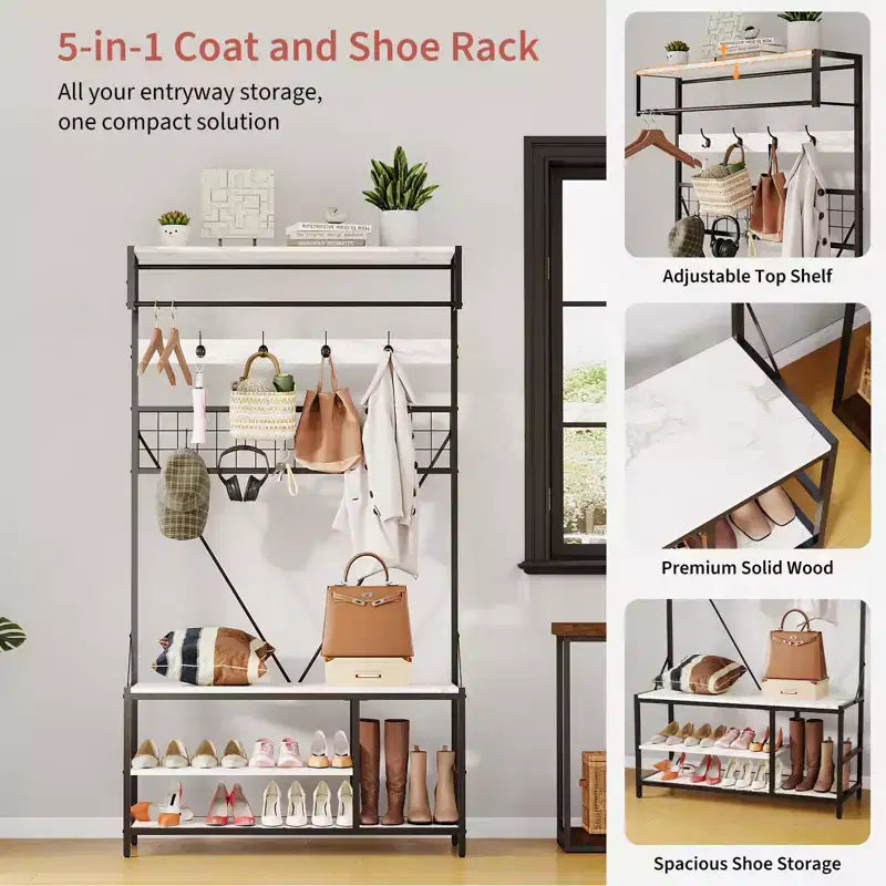 5-in-1 Garderobenbaum mit Sitzbank und Schuhaufbewahrung, 99 cm breite Garderobe mit verstellbarem Regal, vielseitiger freistehender Kleiderständer für das Schlafzimmer