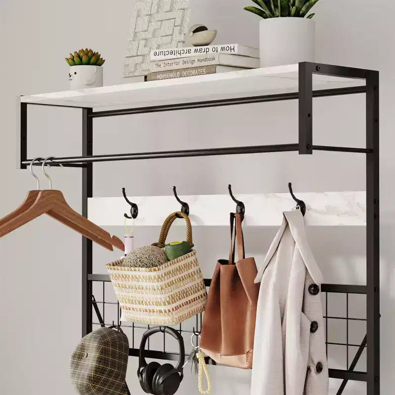5-in-1 Garderobenbaum mit Sitzbank und Schuhaufbewahrung, 99 cm breite Garderobe mit verstellbarem Regal, vielseitiger freistehender Kleiderständer für das Schlafzimmer