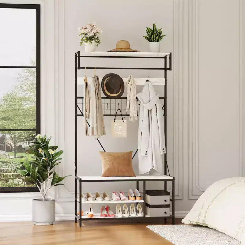 5-in-1 Garderobenbaum mit Sitzbank und Schuhaufbewahrung, 99 cm breite Garderobe mit verstellbarem Regal, vielseitiger freistehender Kleiderständer für das Schlafzimmer