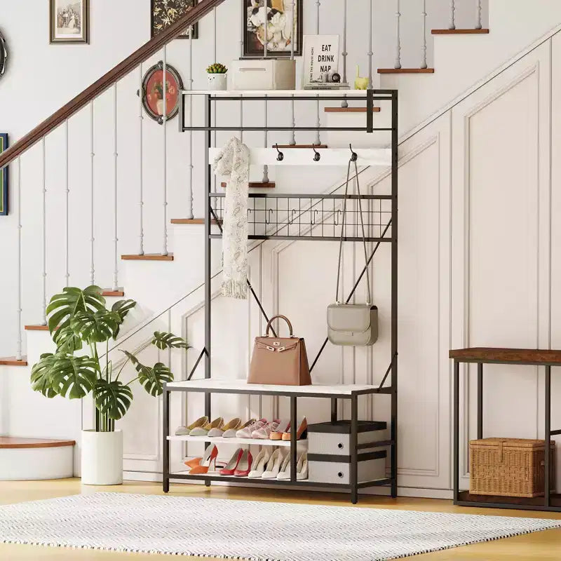 5-in-1 Garderobenbaum mit Sitzbank und Schuhaufbewahrung, 99 cm breite Garderobe mit verstellbarem Regal, vielseitiger freistehender Kleiderständer für das Schlafzimmer