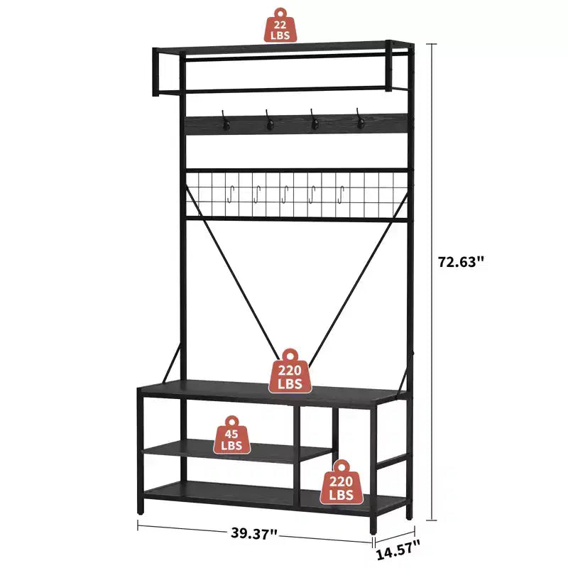 5-in-1 Garderobenbaum mit Sitzbank und Schuhaufbewahrung, 99 cm breite Garderobe mit verstellbarem Regal, vielseitiger freistehender Kleiderständer für das Schlafzimmer