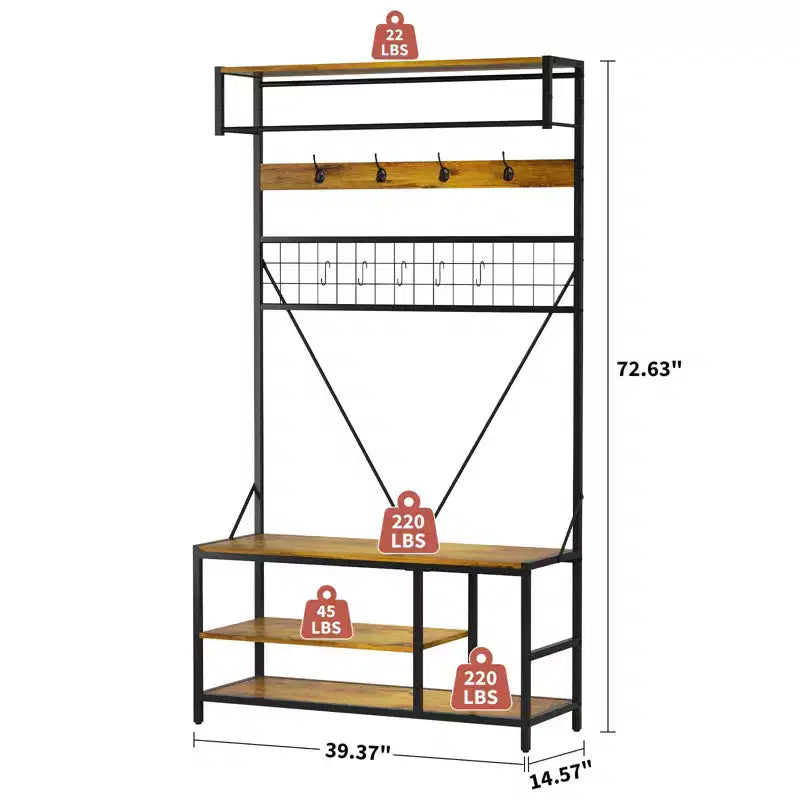 5-in-1 Garderobenbaum mit Sitzbank und Schuhaufbewahrung, 99 cm breite Garderobe mit verstellbarem Regal, vielseitiger freistehender Kleiderständer für das Schlafzimmer