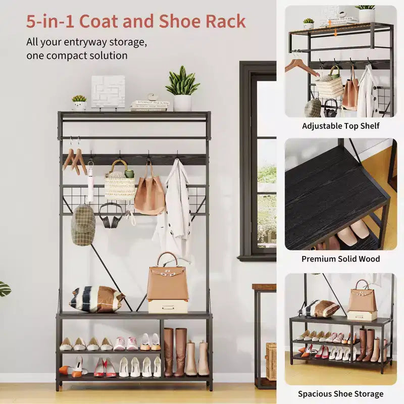 5-in-1 Garderobenbaum mit Sitzbank und Schuhaufbewahrung, 99 cm breite Garderobe mit verstellbarem Regal, vielseitiger freistehender Kleiderständer für das Schlafzimmer