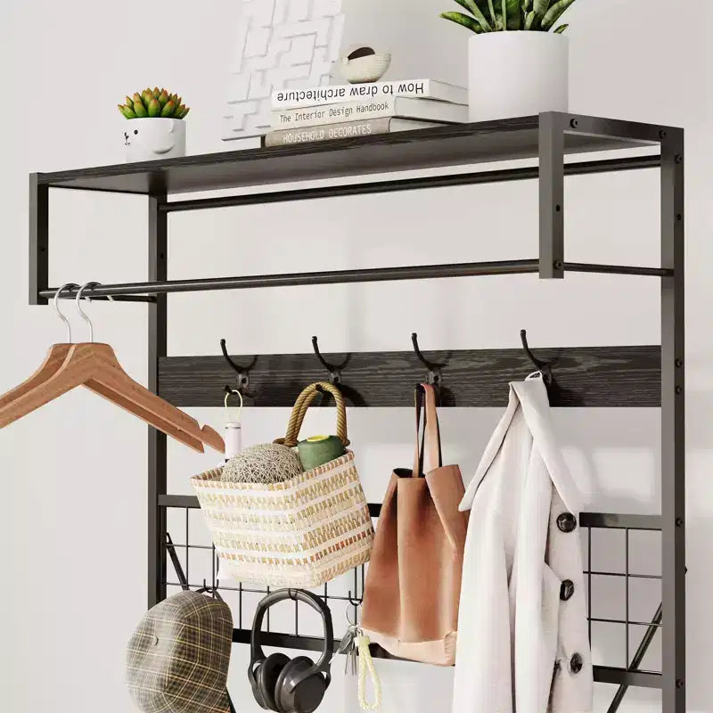 5-in-1 Garderobenbaum mit Sitzbank und Schuhaufbewahrung, 99 cm breite Garderobe mit verstellbarem Regal, vielseitiger freistehender Kleiderständer für das Schlafzimmer