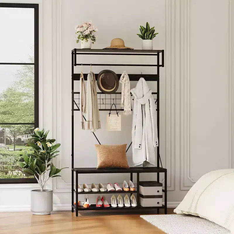 5-in-1 Garderobenbaum mit Sitzbank und Schuhaufbewahrung, 99 cm breite Garderobe mit verstellbarem Regal, vielseitiger freistehender Kleiderständer für das Schlafzimmer