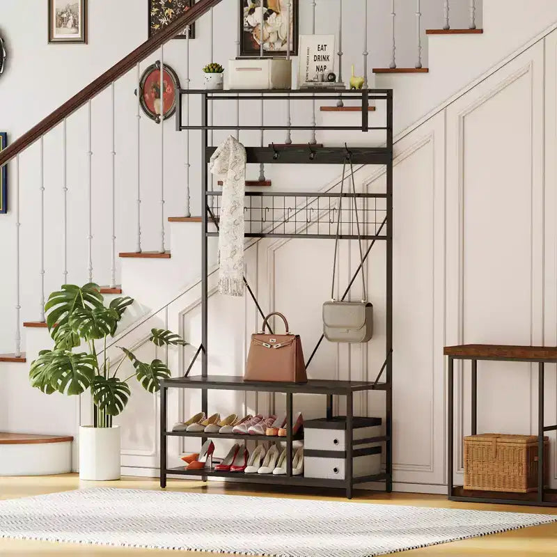 5-in-1 Garderobenbaum mit Sitzbank und Schuhaufbewahrung, 99 cm breite Garderobe mit verstellbarem Regal, vielseitiger freistehender Kleiderständer für das Schlafzimmer