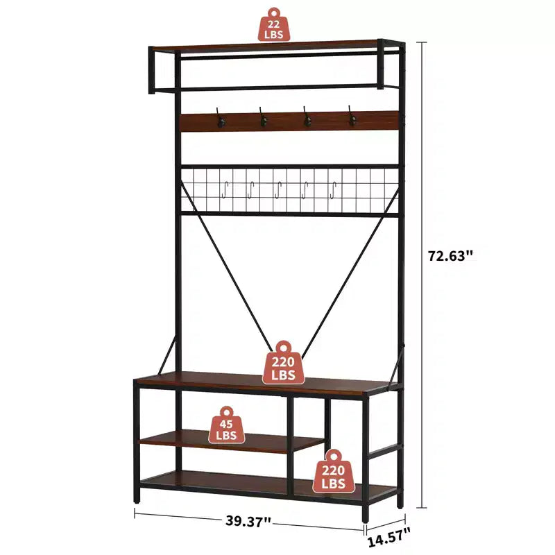 5-in-1 Garderobenbaum mit Sitzbank und Schuhaufbewahrung, 99 cm breite Garderobe mit verstellbarem Regal, vielseitiger freistehender Kleiderständer für das Schlafzimmer