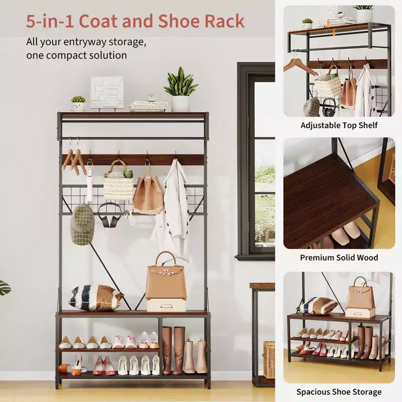 5-in-1 Garderobenbaum mit Sitzbank und Schuhaufbewahrung, 99 cm breite Garderobe mit verstellbarem Regal, vielseitiger freistehender Kleiderständer für das Schlafzimmer