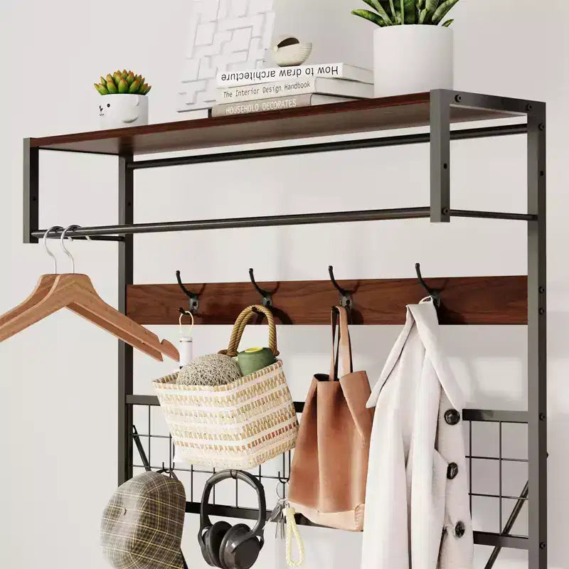5-in-1 Garderobenbaum mit Sitzbank und Schuhaufbewahrung, 99 cm breite Garderobe mit verstellbarem Regal, vielseitiger freistehender Kleiderständer für das Schlafzimmer