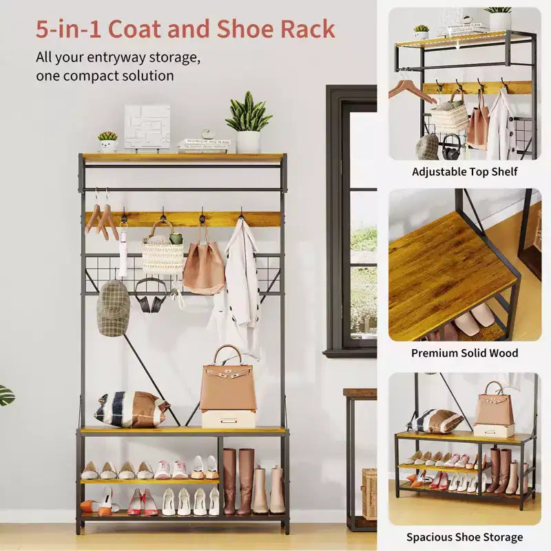 5-in-1 Garderobenbaum mit Sitzbank und Schuhaufbewahrung, 99 cm breite Garderobe mit verstellbarem Regal, vielseitiger freistehender Kleiderständer für das Schlafzimmer