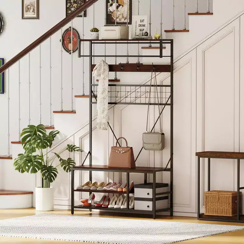 5-in-1 Garderobenbaum mit Sitzbank und Schuhaufbewahrung, 99 cm breite Garderobe mit verstellbarem Regal, vielseitiger freistehender Kleiderständer für das Schlafzimmer