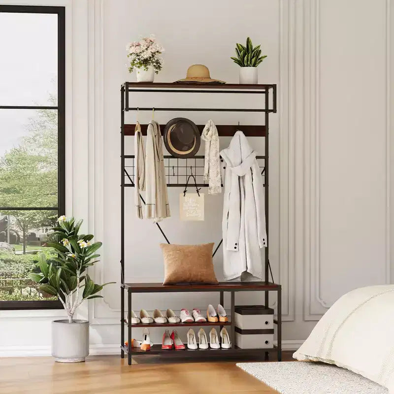 5-in-1 Garderobenbaum mit Sitzbank und Schuhaufbewahrung, 99 cm breite Garderobe mit verstellbarem Regal, vielseitiger freistehender Kleiderständer für das Schlafzimmer