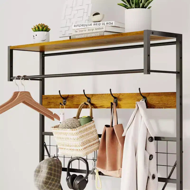 5-in-1 Garderobenbaum mit Sitzbank und Schuhaufbewahrung, 99 cm breite Garderobe mit verstellbarem Regal, vielseitiger freistehender Kleiderständer für das Schlafzimmer