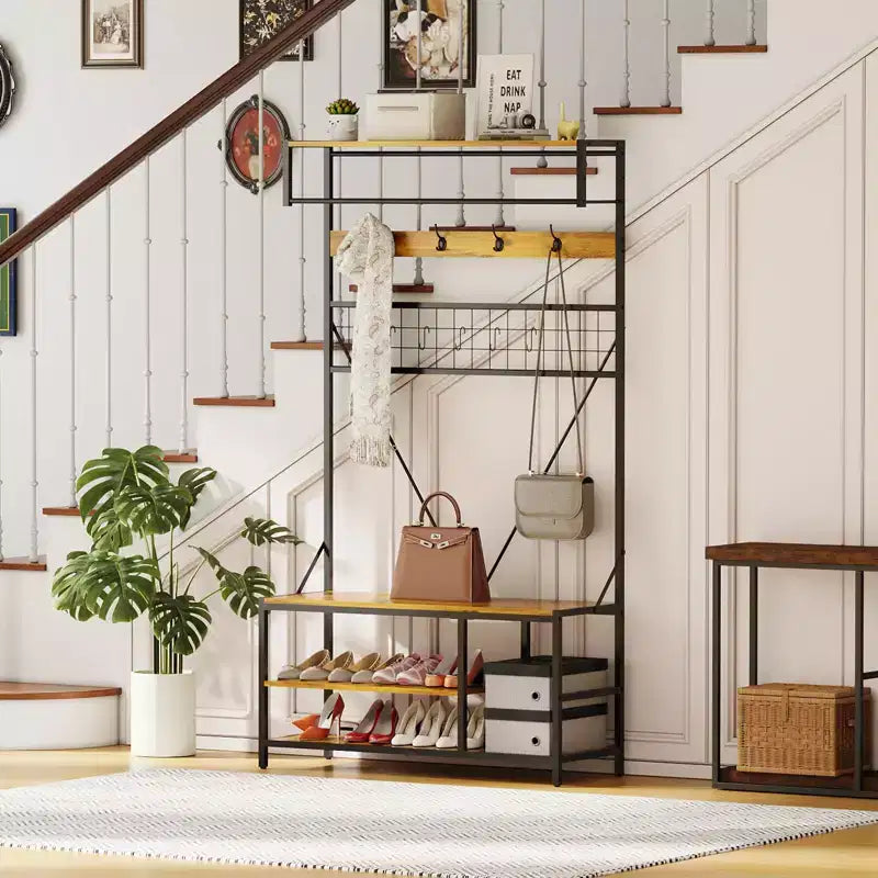 5-in-1 Garderobenbaum mit Sitzbank und Schuhaufbewahrung, 99 cm breite Garderobe mit verstellbarem Regal, vielseitiger freistehender Kleiderständer für das Schlafzimmer