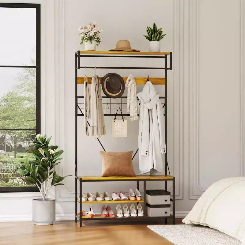 5-in-1 Garderobenbaum mit Sitzbank und Schuhaufbewahrung, 99 cm breite Garderobe mit verstellbarem Regal, vielseitiger freistehender Kleiderständer für das Schlafzimmer