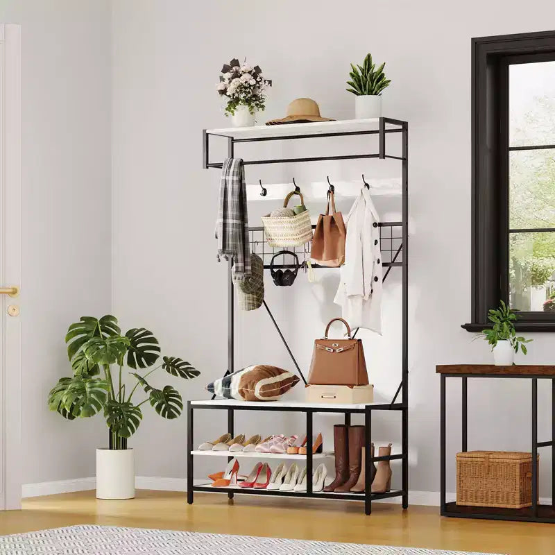 5-in-1 Garderobenbaum mit Sitzbank und Schuhaufbewahrung, 99 cm breite Garderobe mit verstellbarem Regal, vielseitiger freistehender Kleiderständer für das Schlafzimmer