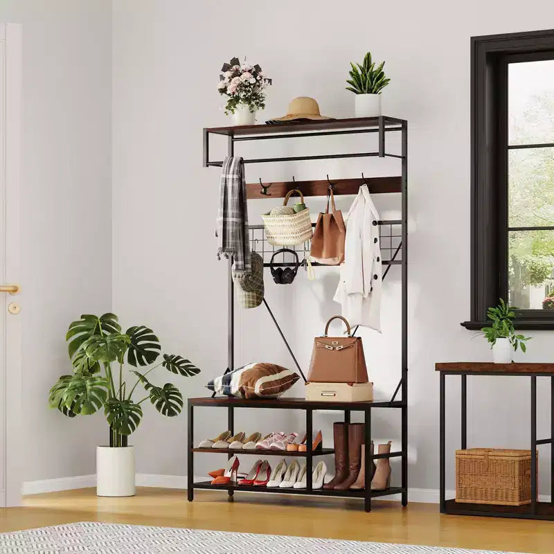 5-in-1 Garderobenbaum mit Sitzbank und Schuhaufbewahrung, 99 cm breite Garderobe mit verstellbarem Regal, vielseitiger freistehender Kleiderständer für das Schlafzimmer