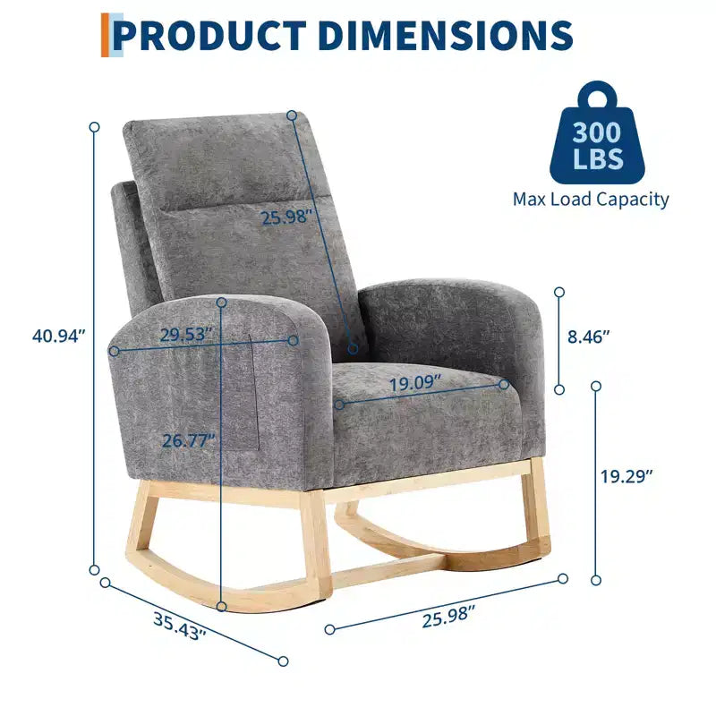 Moderner Teddy-Fleece-Schaukelstuhl mit hoher Rückenlehne, gepolsterter Nursery-Glider mit gepolsterten Armlehnen, Seitentaschen und Holzbeinen für Wohn- und Schlafzimmer