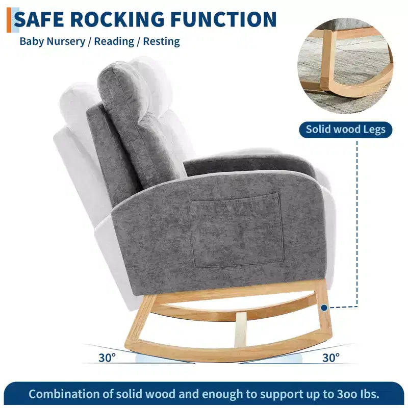 Moderner Teddy-Fleece-Schaukelstuhl mit hoher Rückenlehne, gepolsterter Nursery-Glider mit gepolsterten Armlehnen, Seitentaschen und Holzbeinen für Wohn- und Schlafzimmer