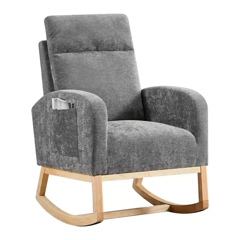 Moderner Teddy-Fleece-Schaukelstuhl mit hoher Rückenlehne, gepolsterter Nursery-Glider mit gepolsterten Armlehnen, Seitentaschen und Holzbeinen für Wohn- und Schlafzimmer