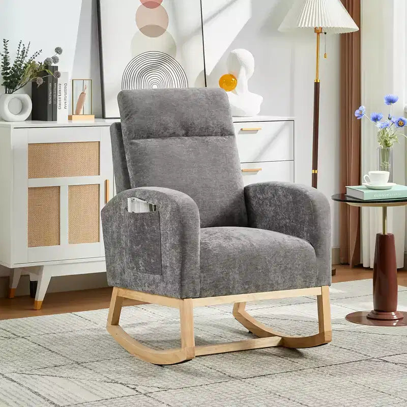 Modern Teddy Fleece High Back Rocking Chair, Upholstered Nursery Glider with Padded Armrests, Side Pockets and Wood Legs for Living Room and Bedroom