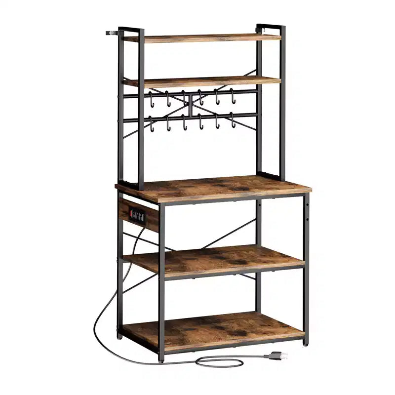 VEVOR Kitchen Bakers Rack, 5 ft Power Cable Bakers Rack with Power Outlet, Kitchen Stand with X-Shaped Support Bar, 12 S-Shaped Hooks, Black & Brown