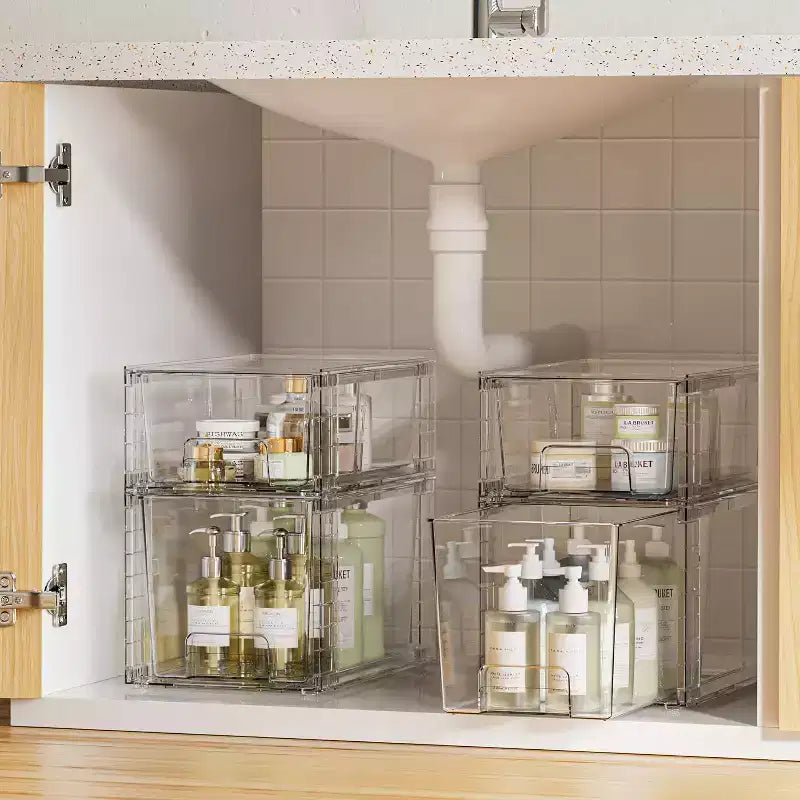 6er-Pack transparente, stapelbare Aufbewahrungsschubladen, Kunststoffschubladen für Küchenspeisekammer, Schrank, Organisation unter der Spüle