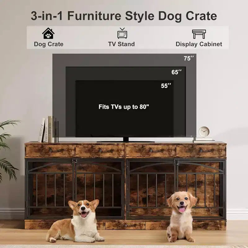 Multifunktionales Hundebox-Möbel, 4 Aufbewahrungsschubladen, Futternäpfe, TV-Ständer-Funktion, für das Wohnzimmer