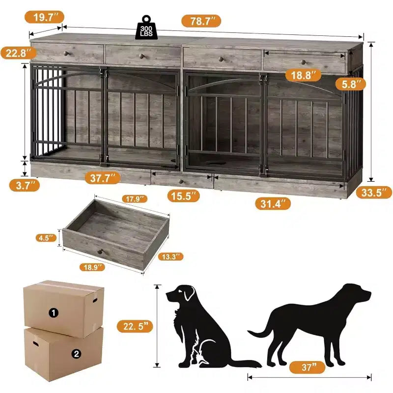 Multifunktionales Hundebox-Möbel, 4 Aufbewahrungsschubladen, Futternäpfe, TV-Ständer-Funktion, für das Wohnzimmer