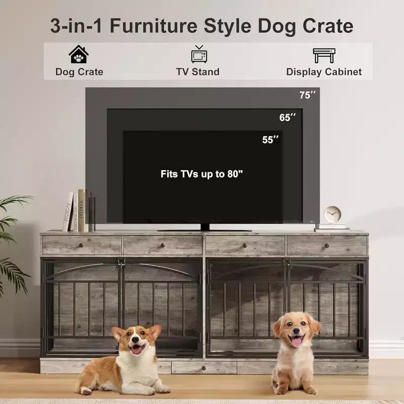 Multifunktionales Hundebox-Möbel, 4 Aufbewahrungsschubladen, Futternäpfe, TV-Ständer-Funktion, für das Wohnzimmer