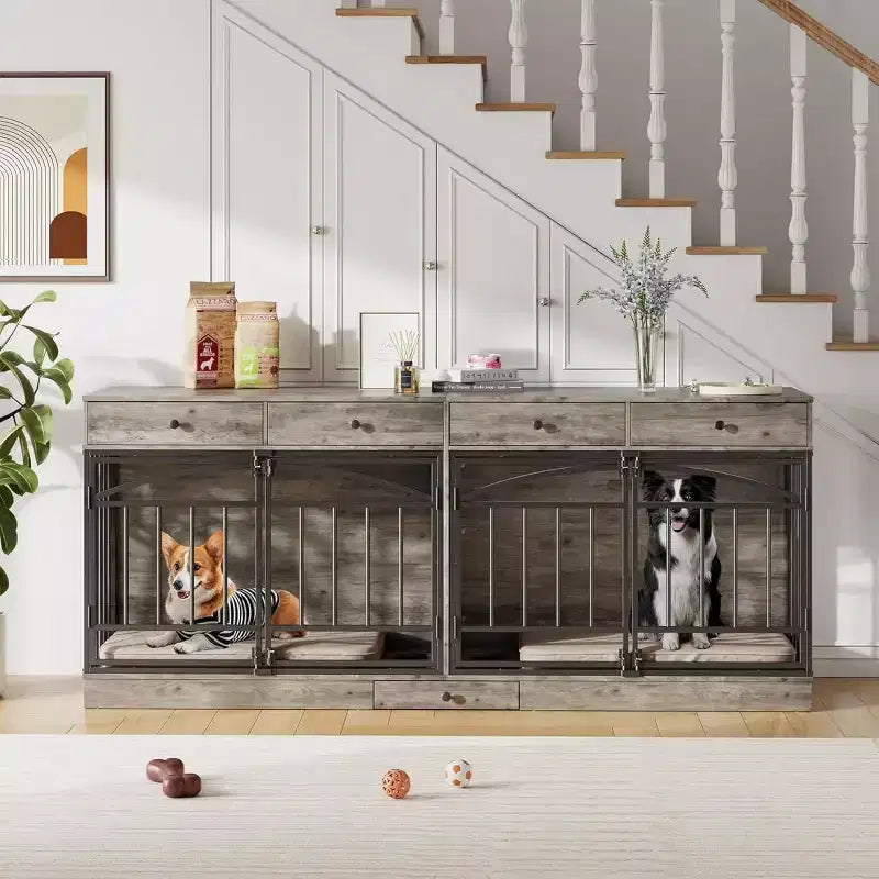 Multifunktionales Hundebox-Möbel, 4 Aufbewahrungsschubladen, Futternäpfe, TV-Ständer-Funktion, für das Wohnzimmer