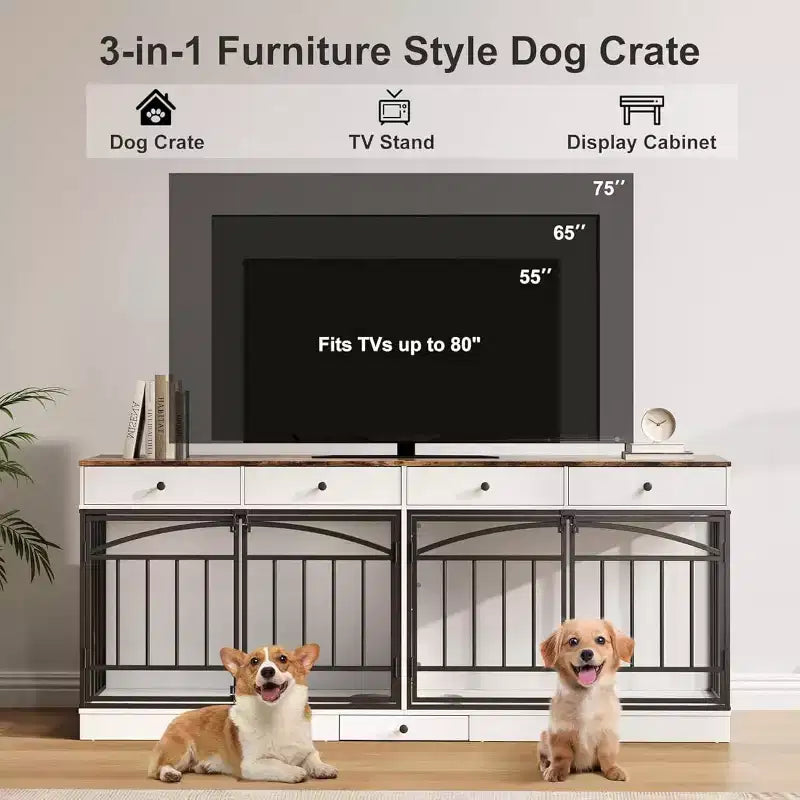 Multifunktionales Hundebox-Möbel, 4 Aufbewahrungsschubladen, Futternäpfe, TV-Ständer-Funktion, für das Wohnzimmer