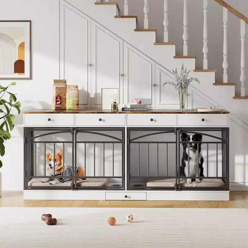 Multifunktionales Hundebox-Möbel, 4 Aufbewahrungsschubladen, Futternäpfe, TV-Ständer-Funktion, für das Wohnzimmer