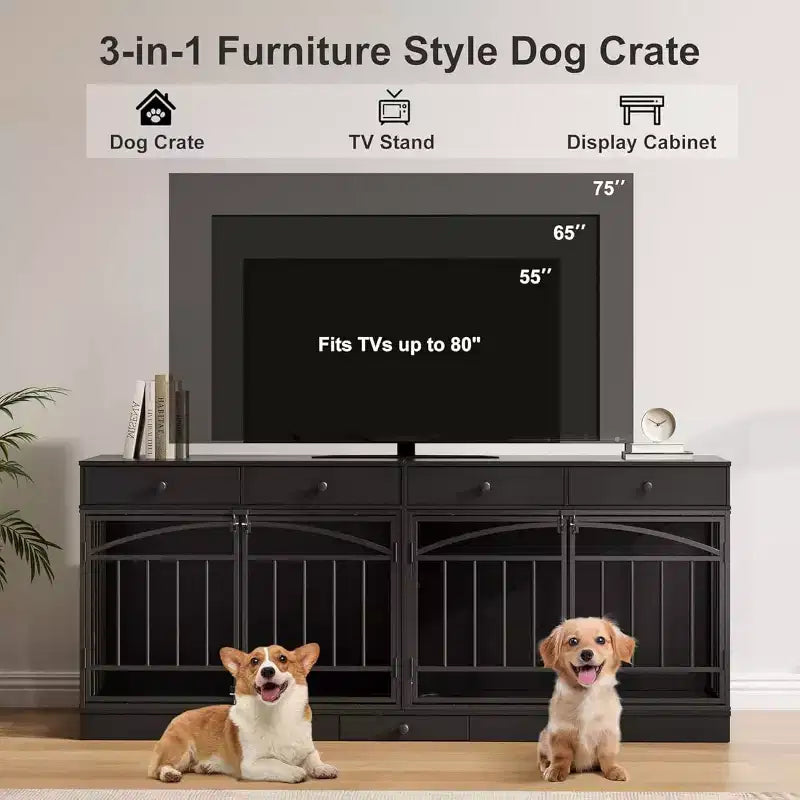 Multifunktionales Hundebox-Möbel, 4 Aufbewahrungsschubladen, Futternäpfe, TV-Ständer-Funktion, für das Wohnzimmer