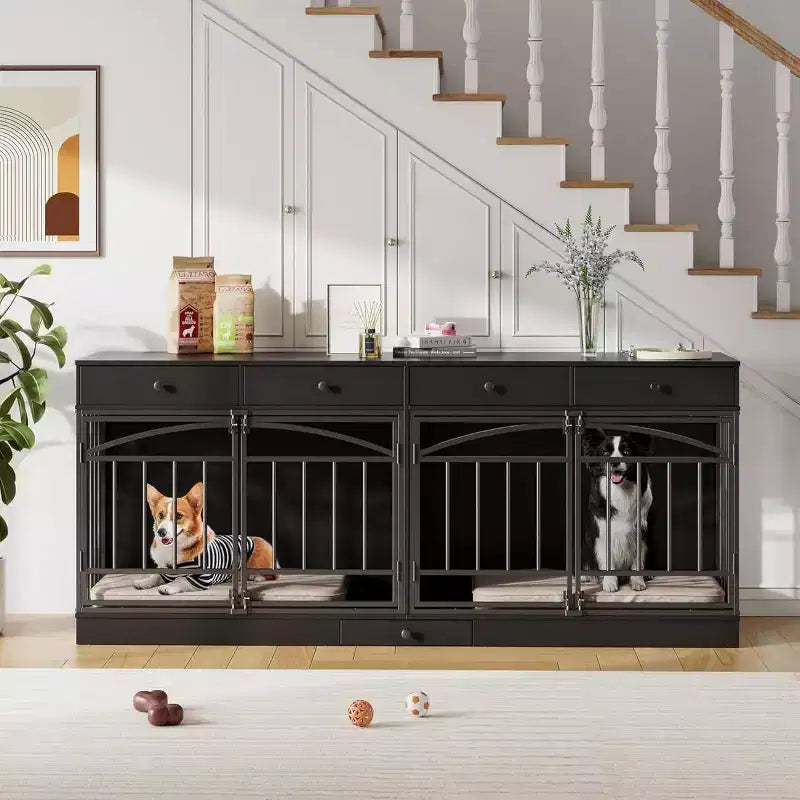 Multifunktionales Hundebox-Möbel, 4 Aufbewahrungsschubladen, Futternäpfe, TV-Ständer-Funktion, für das Wohnzimmer