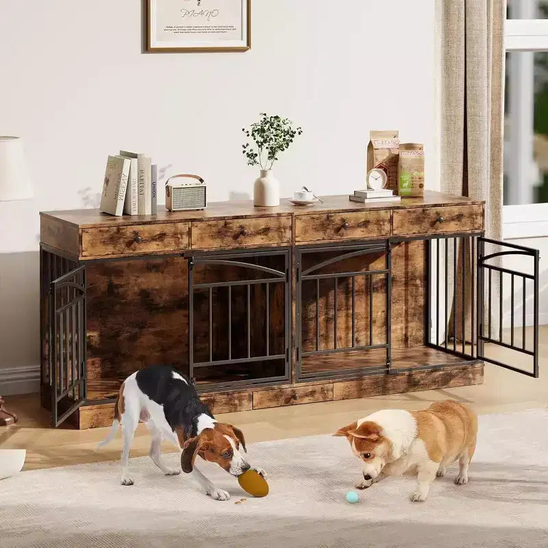 Multifunktionales Hundebox-Möbel, 4 Aufbewahrungsschubladen, Futternäpfe, TV-Ständer-Funktion, für das Wohnzimmer