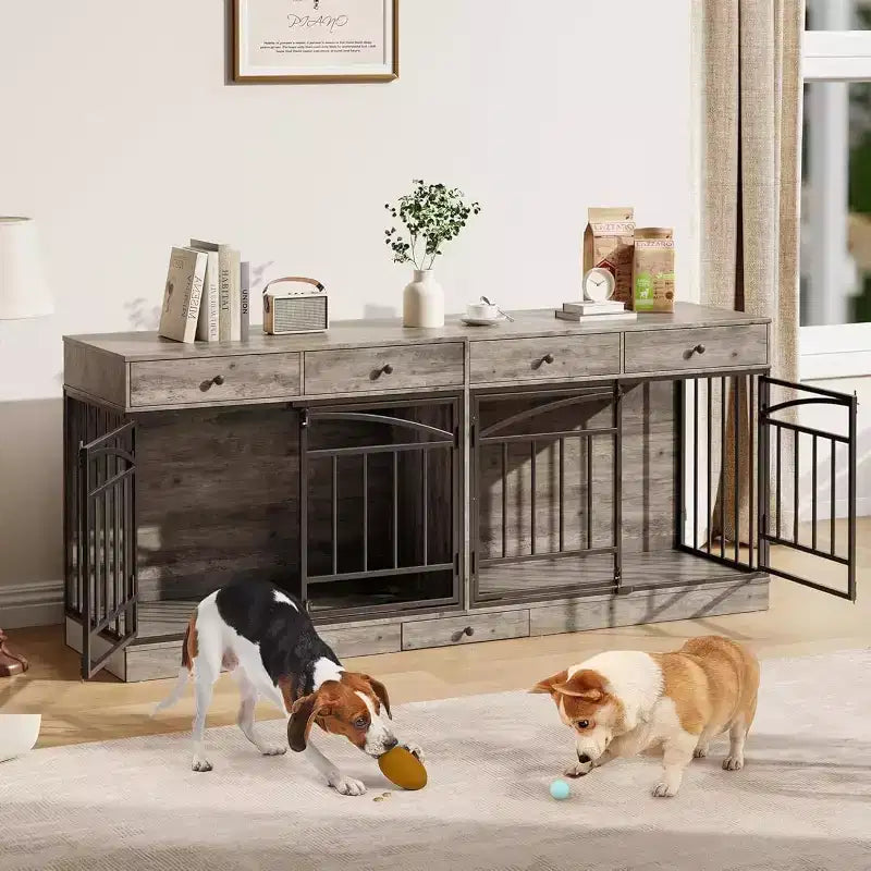 Multifunktionales Hundebox-Möbel, 4 Aufbewahrungsschubladen, Futternäpfe, TV-Ständer-Funktion, für das Wohnzimmer