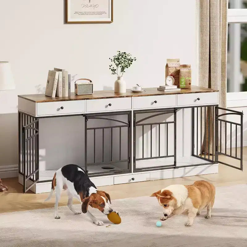 Multifunktionales Hundebox-Möbel, 4 Aufbewahrungsschubladen, Futternäpfe, TV-Ständer-Funktion, für das Wohnzimmer