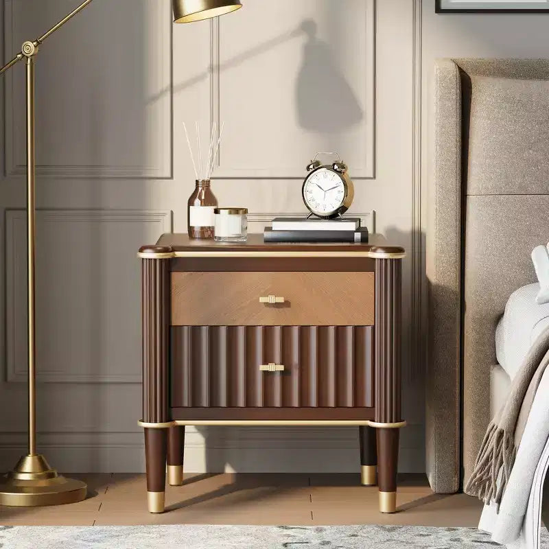 Whisen Nightstand, Bedside Table, End Table with Fluted Drawer, Solid Rubberwood Leg, Gold Handle, 2 Drawers, Walnut, Robot Vacuum Friendly - Walnut
